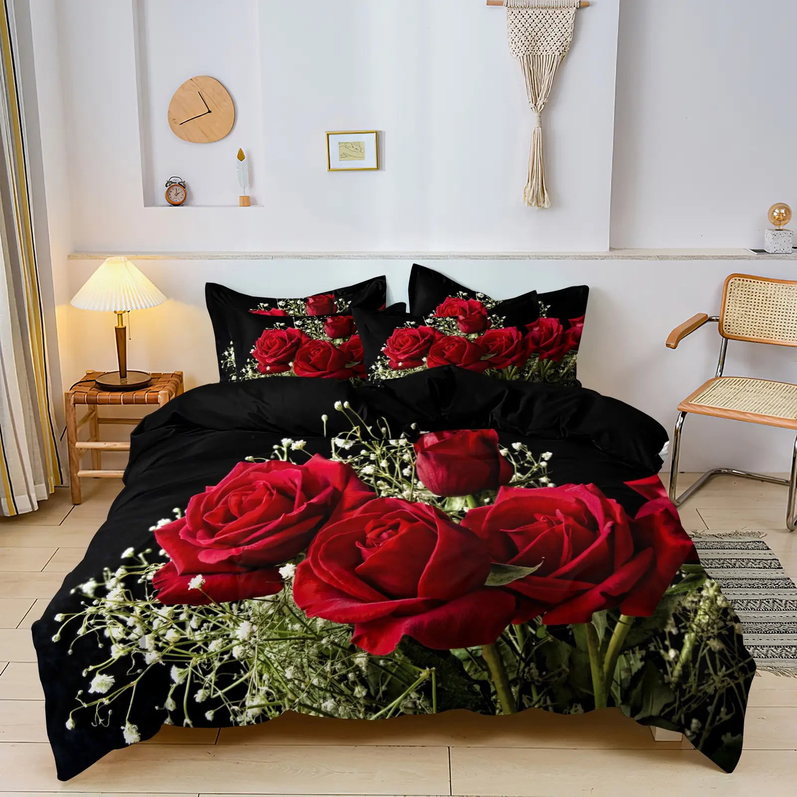Valentine's Day Rose Print Bedding Set, Includes 3 Pieces, 1 Fitted Sheet and 2 Pillowcases, Soft and Comfortable Home Bedroom Essentials, Soft Bedding Sets, Decorative Bedsheet Sets