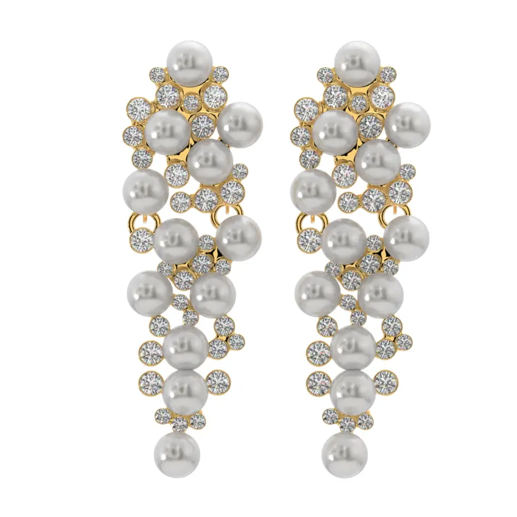 Gold Simulated Pearl and Crystal Cluster Chandelier Clip On Statement Dangling Earrings