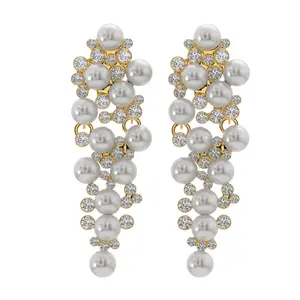 Gold Simulated Pearl and Crystal Cluster Chandelier Clip On Statement Dangling Earrings