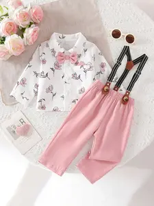 Boys' clothing, boys' suit set, boys' pink and white printed gentleman's suit, pink bow tie+floral printed shirt+leather buckle overalls, boys' birthday gift, Valentine's Day gift, suitable for boys' kindergarten hosting activities, family dinners