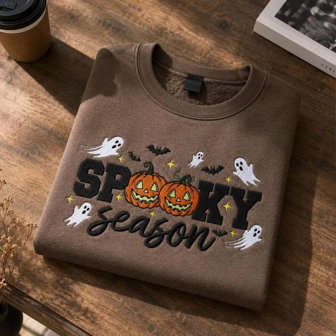 Spooky Season Embroidered Sweatshirt, Retro Halloween Varsity Pumpkin & Ghost Crewneck, Cozy Fall Holiday Gift, Spooky Vibe Apparel