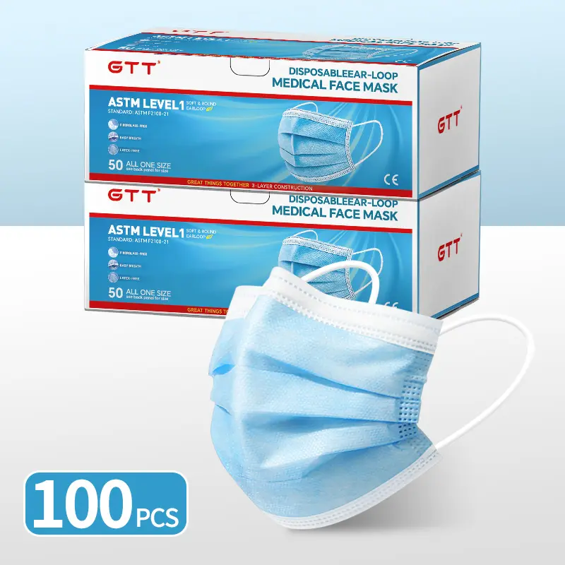 GTT ASTM Level 1 Disposable Medical Face Masks 100PCS 3 Layer Breathable Blue Earloop Masks