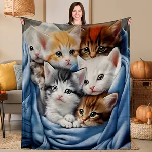 Kitten Snuggle Throw Blanket, Flannel Blanket with Adorable Cats in Blanket Design, Soft Cozy Warm Comfortable Lightweight Portable, Gift for Cat Lovers, Birthday, Christmas, Pet Parents, Couch Bed Office Use