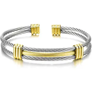 Bracelet for Women and Two Toned Style Stainless Steel Cable Cuff Bracelets Jewelry for Men and Women Adjustable Twisted Cable Bangle