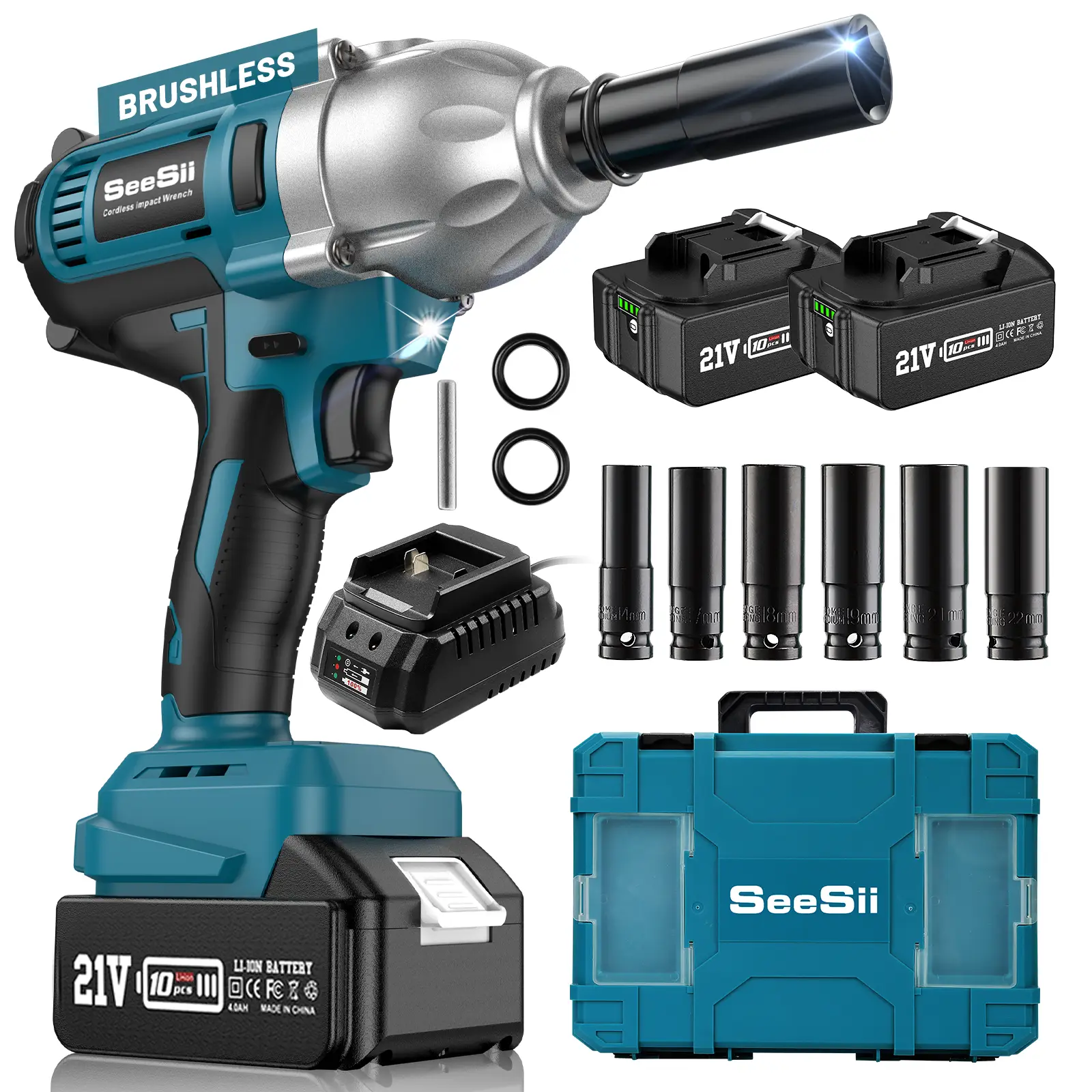 Seesii Cordless Impact Wrench 665Ft-lbs(900N.m), Power Impact Wrench 1/2 Inch, Pistola De Impacto w/ 1/2X 4.0Ah Battery, 3300RPM Impact Wrench, 6 Sock