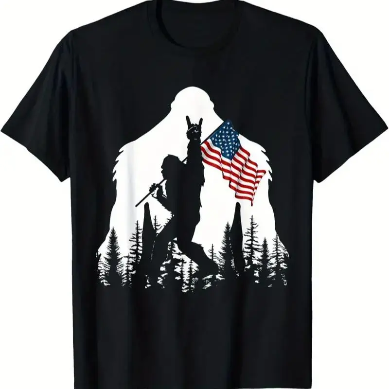 Sasquatch Believers Graphic T-Shirt for Women, Funny American Flag Vintage Style Casual Short Sleeve Cotton Streetwear Top