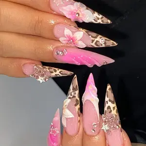 S69 Nailed by Vibe – Luxury Leopard Print Floral 3D Press-On Nails, Pink Glitter Rhinestone Accents, Stiletto Long Nails, Handmade Wild Safari Glam, Party Night Out, Gifts for Her