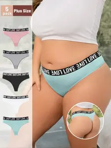 5pcs Women's Large Size Sports Style Mid Waist High Elastic Thongs V-Strings, Sexy Simple Comfortable Breathable Thong Triangle Pants, Letter Wide Waist Plus Plus Fat Fitness Yoga, Panty Combo Set Underwear Sportswear