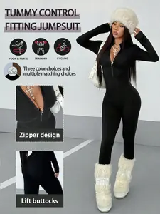 Women's High-Elasticity Long Sleeve Tight Fitting Yoga Jumpsuit Half-Zip Front Slim Fit Athletic Casual Bodysuit For Cycling Workout & Daily Wear Activewear