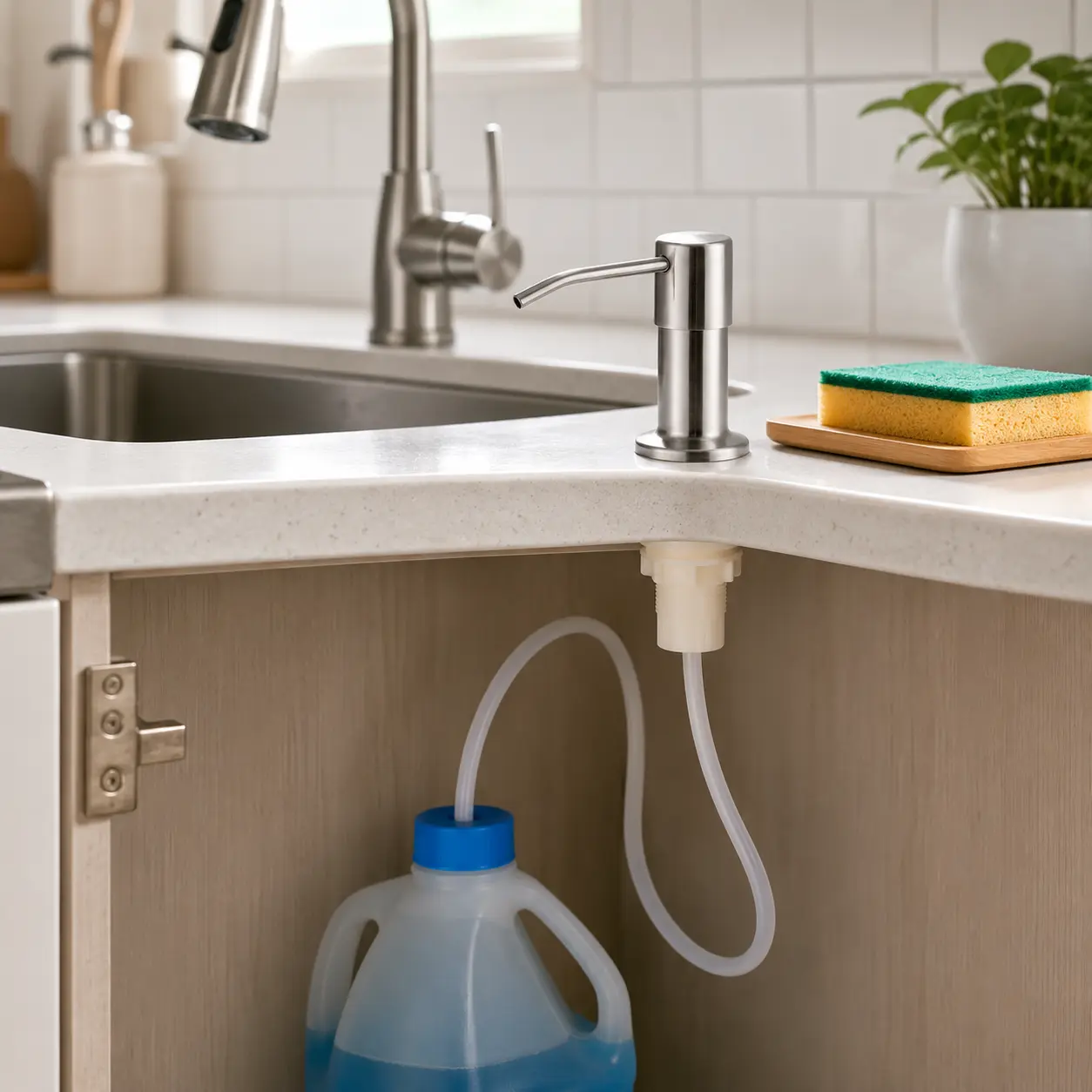 Stainless Steel Smooth Leaky-Free Soap Dispenser Set, Brushed Nickel Finish, Silicone Bottle, 47-in No-Spill Extension Hose Kit, Easy Hand Installation for Household Kitchen Bathroom Liquid Detergent Pump, Leaky-Free Soap Dispensers