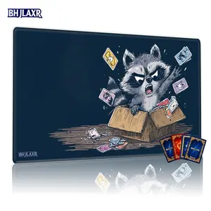 Angry Cartoon Raccoon in Box TCG Playmat 12x24inch - Whimsical Bold Design, Non-Slip for Magic the Gathering Collectible Card Game, Ideal for Family Gatherings & Gift, Dark Blue Background with Colorful Cards