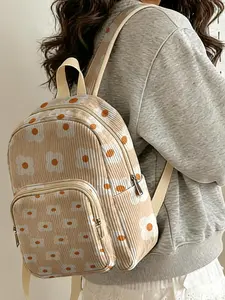 1 piece of daisy pattern 2D printed ladies' backpack, corduroy texture + layered storage + lightweight and easy to carry|Perfect for students to go to class/shopping/short trips|Combines atmosphere with practicality