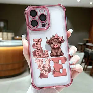 Cute Cow Love Pattern Phone Case ,Electroplated Cover with Airbag Shockproof Soft TPU Cover for iPhone X 11 12 13 14 15 16 17 Pro Max Plus Air Girly Western Country