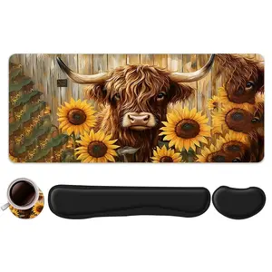 4pcs Highland Cow with Sunflowers Design Universal Mouse Pad + Keyboard Wrist Rest + Ergonomic Mouse Pad + Coaster Set For Desktop Decoration, Office Accessories Set Ergonomic Wrist Support, Computer Mat Coaster Suitable For Home Office Gaming