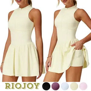 RIOJOY Women's Tennis Dress Concealed Zipper Front High Neck Sleeveless Built-in Shorts with Pockets Anti-exposure Running Fitness Skirt Removable Pads Stretchy Pleated A-Line Golf Workout Dress for Athletic Casual