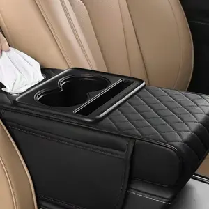 Car Center Console Armrest  Pillow ,  2 Side Storage Bag Cup & Phone Holder, Auto Armrest , Universal Fit ,Memory Foam Leather 4 in 1 Vehicle Arm Rest Cover with Tissue Box,Pink holfer console storage box  pillow  cushion