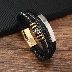 Mens Money Attraction Leather Bracelet Multi-Layer Woven Rope Stainless Steel Mens Bracelet Daily Layering Essential Jewelry decor trendy black and gold fashion