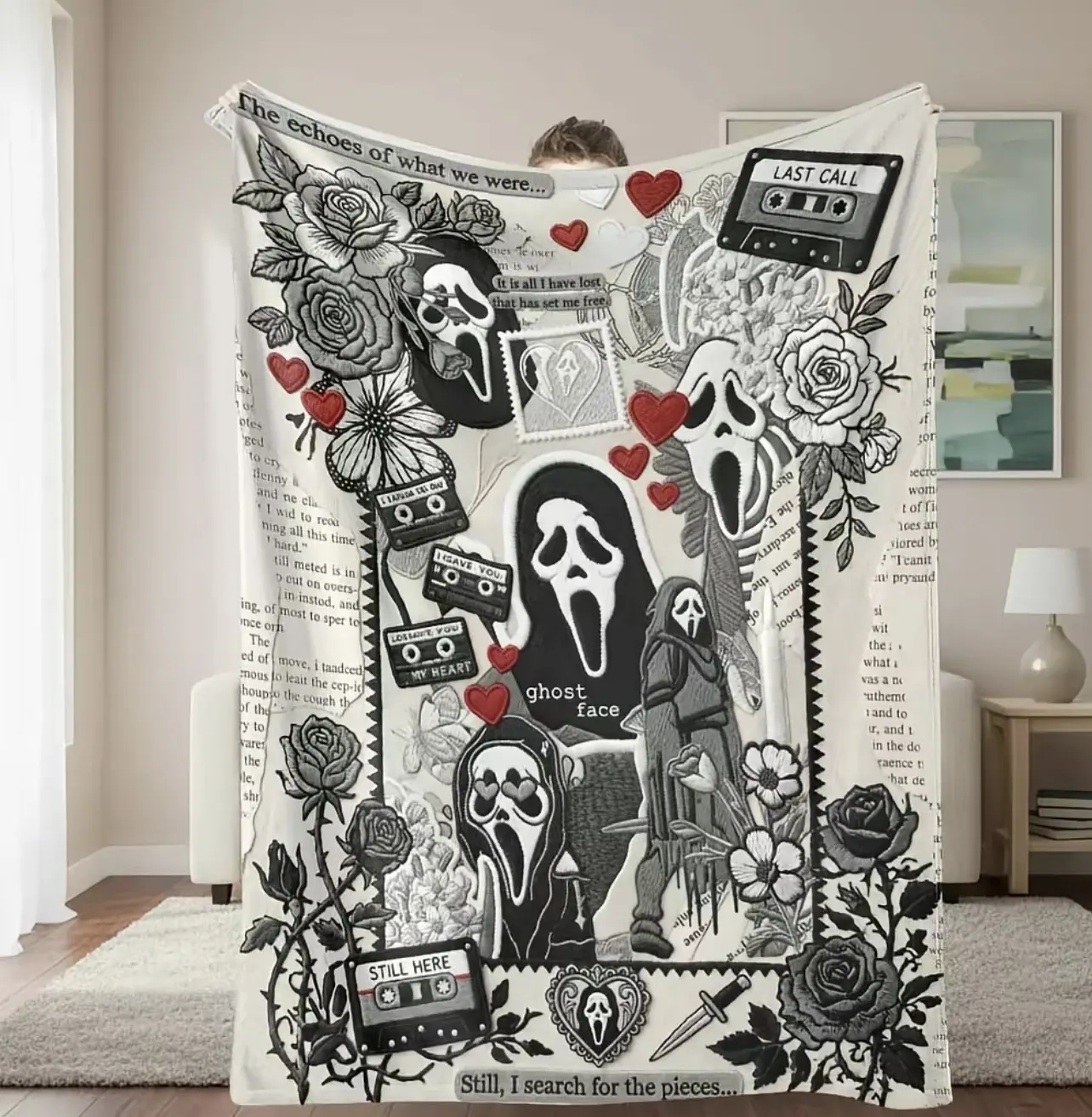 Ghostface Scream Fleece Blanket Retro Collage Gothic Rose Tape Pattern Soft Cozy Throw Blanket Horror Movie Themed Blanket for Bedroom Couch Gift