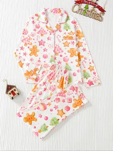 Women's Christmas Pajama Set, Long Sleeve Lapel Design, Elastic Comfortable Pants, Elegant Sleepwear for Ladies