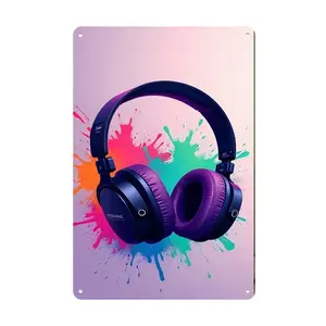 1pc Colorful Paint Splatter Background Sony MDR-7506 Purple Over-Ear Headphones Metal Tin Sign - Rustic Iron Wall Art for Home, Office, Cafe, Bar, and Garage Decor - Easy to Hang, Versatile for Holiday and Seasonal Decorations