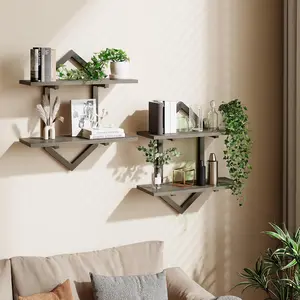 Floating Shelves, Set of 2 Wall Decorative Shelves, 2-Tier Geometric Wall Mounted Shelf for Living Room, Bedroom,,, Home Office (Greige + Black)