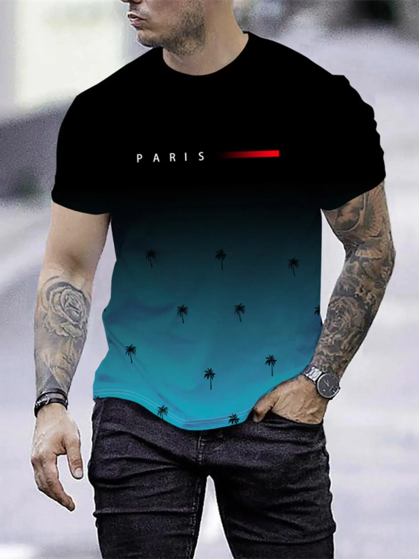 Men's Ombre & Letter Print Round Neck Tee, Graphic Tee, Regular Fit Casual Short Sleeve Crew Neck T-shirt for Summer, Fashion Men's Top for Daily Wear