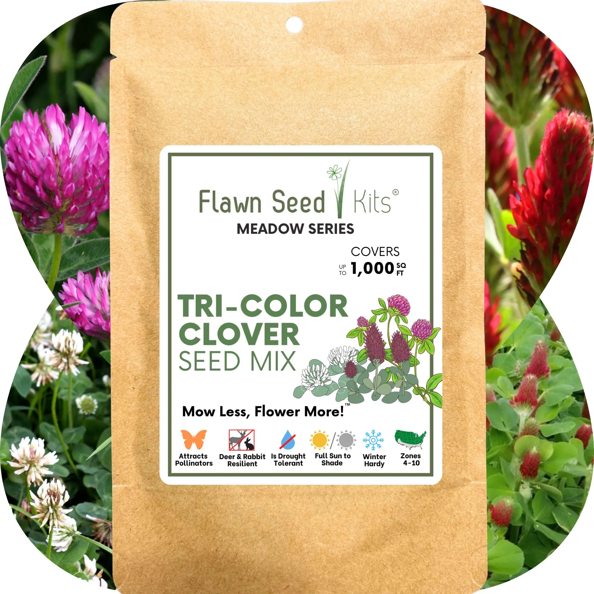Flawn Seed Tri-Color Clover Seed Blend Attracts Pollinators Kid & Pet Friendly Non-GMO Perennial Seed for Zones 4-10