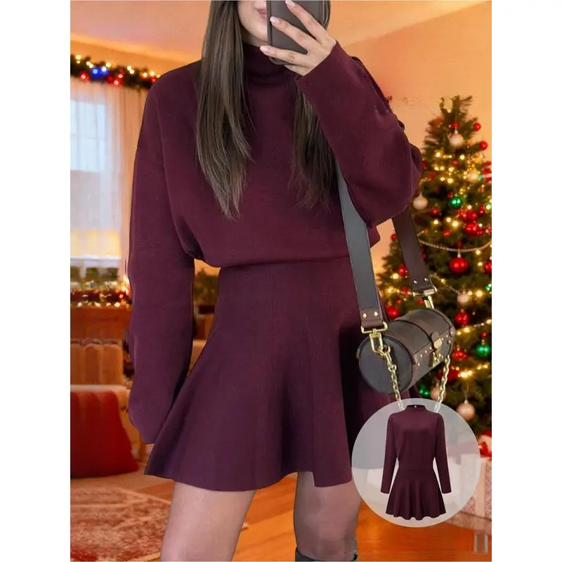 Women's Casual Mock Neck Sweater Dress, Long Sleeve Solid Color Loose-Fitting Knit Dress For Fall And Winter # Merry Christmas, Longsleeves, One Piece