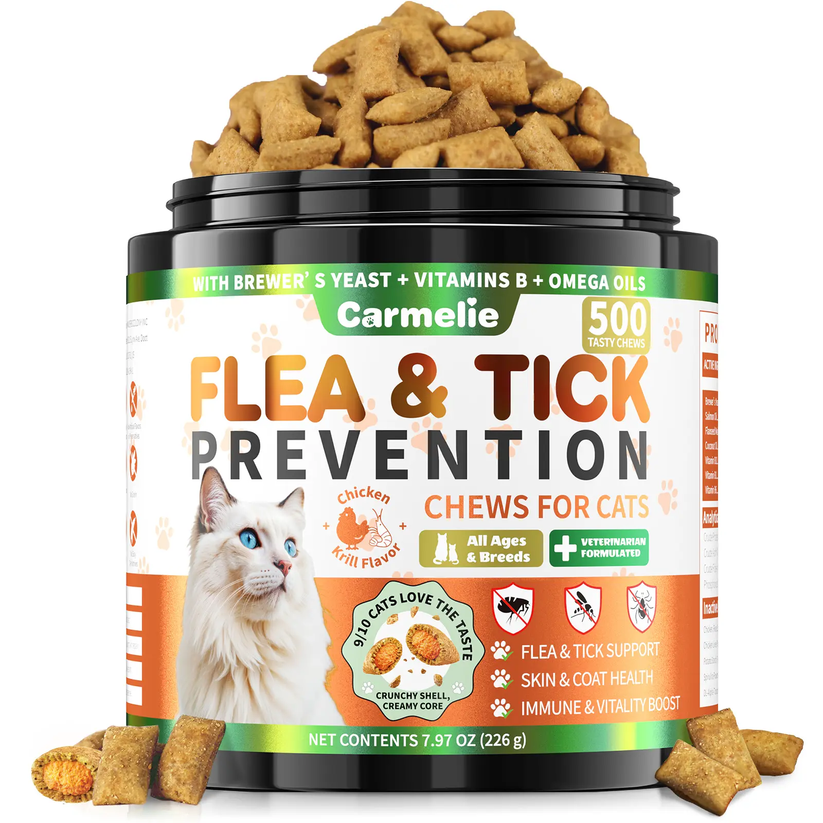 #SummerWins #DealsForYouDays Carmelie Flea & Tick Support for Cats, 500 Crunchy & Creamy Chews, Natural Oral Flea Treatment Supplement for Cats, Skin & Coat Support - Chicken & Krill Flavor for All Breeds & Ages tiktokshopspringglowup