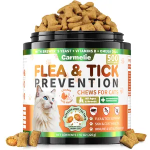 Carmelie Flea & Tick Support for Cats, 500 Crunchy & Creamy Chews, Natural Oral Flea Treatment Supplement for Cats, Skin & Coat Support - Chicken & Krill Flavor for All Breeds & Ages