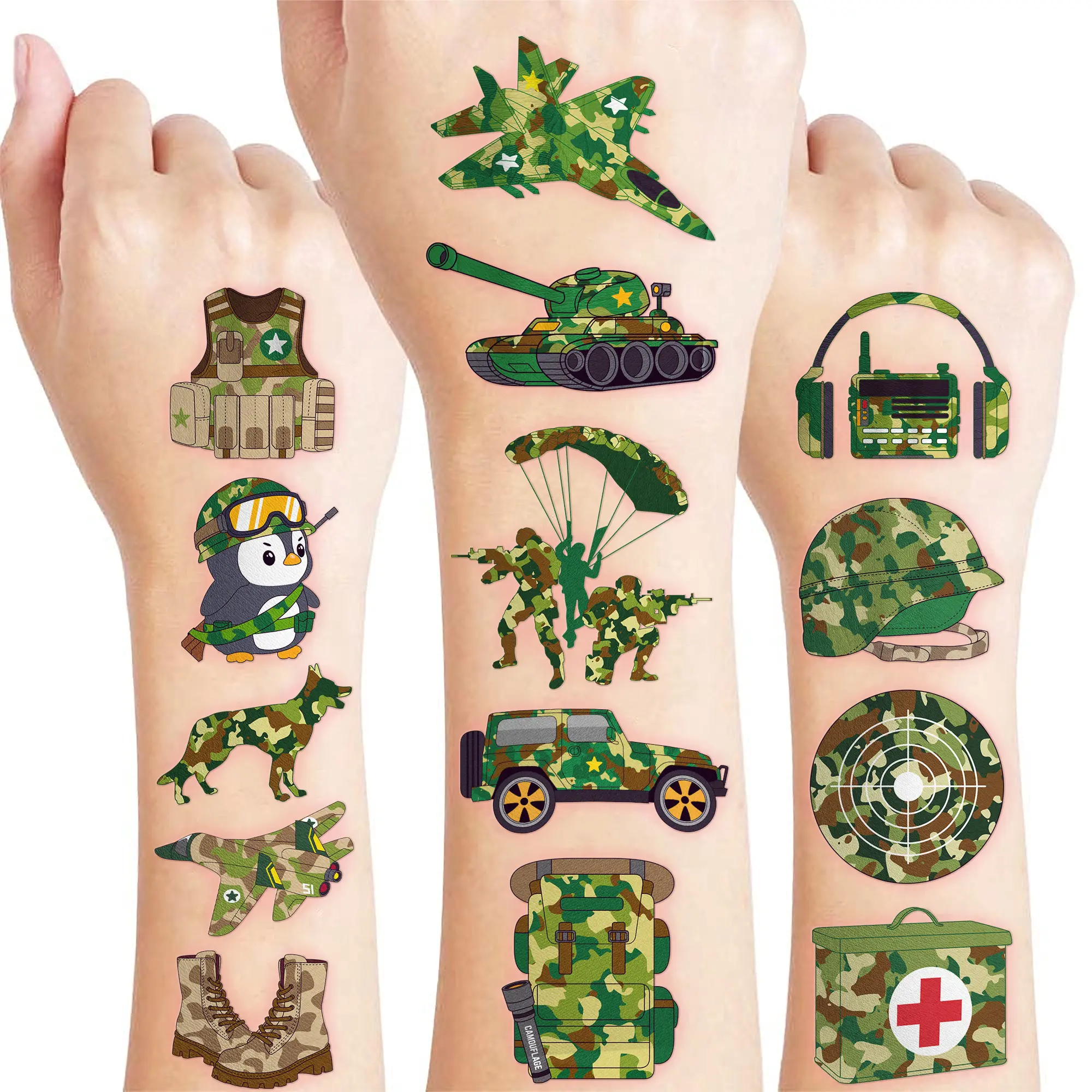 96 PCS Military Camo Pre-Cut Temporary Tattoos for Kids | Super Cute Military Themed Birthday Party Favors, Supplies, Decorations, Fake Tattoo Stickers, School Rewards & Gifts Boys & Girls, Carnival