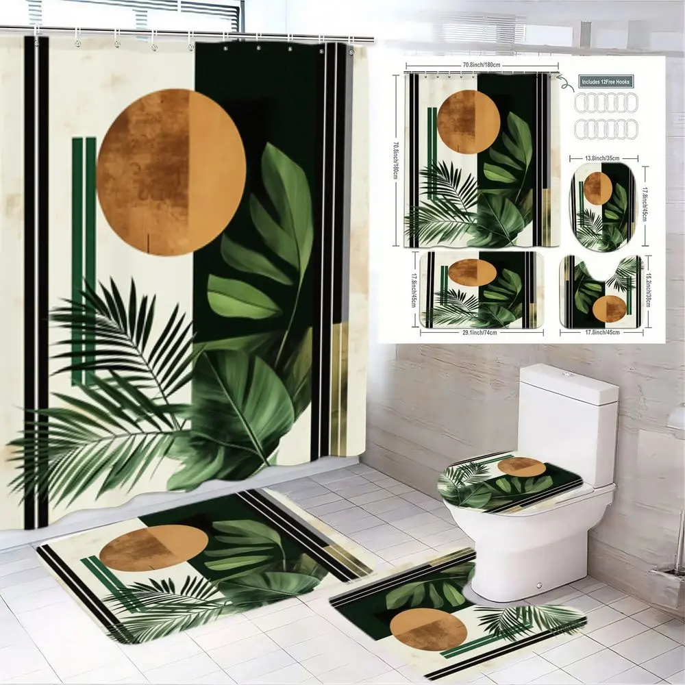 1/4pcs Modern Boho Aesthetic Bathroom Decor Set with Mid-Century Abstract Shower Curtain, Tropical Leaf Accents, Terracotta Circle Design, Stylish Bath Mats, Toilet Lid Cover, and Shower Curtain Hooks, Bathroom Decoration Accessories