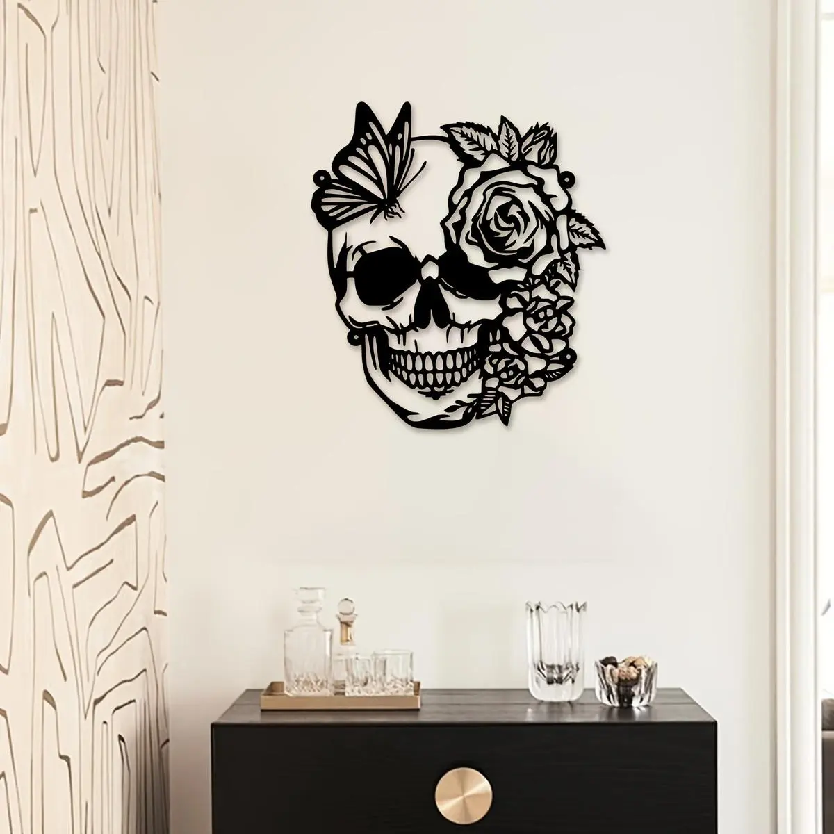Elegant Skull Flower Butterfly Metal Wall Art, Vintage Style Artistic Decor with Roses and Greenery, Durable Metal Hanging Sign, Valentines Decor, Wall Decoration, Decoration Items