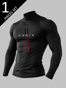 Men's 'PARIS' High Neck Compression Top – Premium Quick-Dry Athletic Base Layer, Gym Training Long Sleeve Shirt, Athletic Letter Print