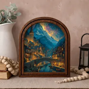 Fantasy City Arch Frame Wall Decor, Celestial Night Sky Mountain Village Art, Wooden Arched Frame for Book Lovers, Cozy Romantasy Room Decor, Fantasy Home Accent Gift