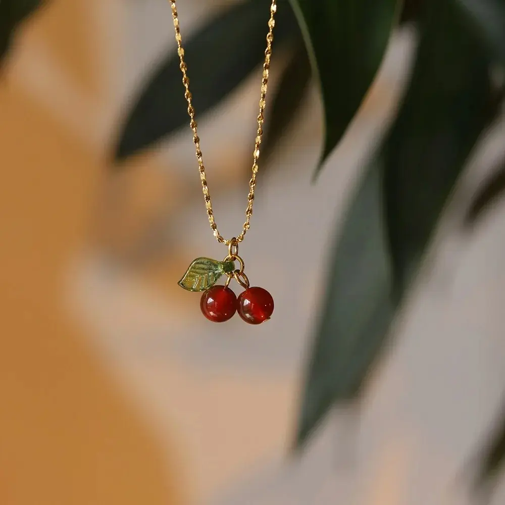 Cute Cherry Pendant Necklaces Faux Pearl Cherry Charms Necklace Kawaii Cherry Fruit Gold Chain Necklaces Fruits Cute Choker for Women Girls