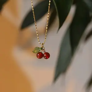 Cute Cherry Pendant Necklaces Faux Pearl Cherry Charms Necklace Kawaii Cherry Fruit Gold Chain Necklaces Fruits Cute Choker for Women Girls