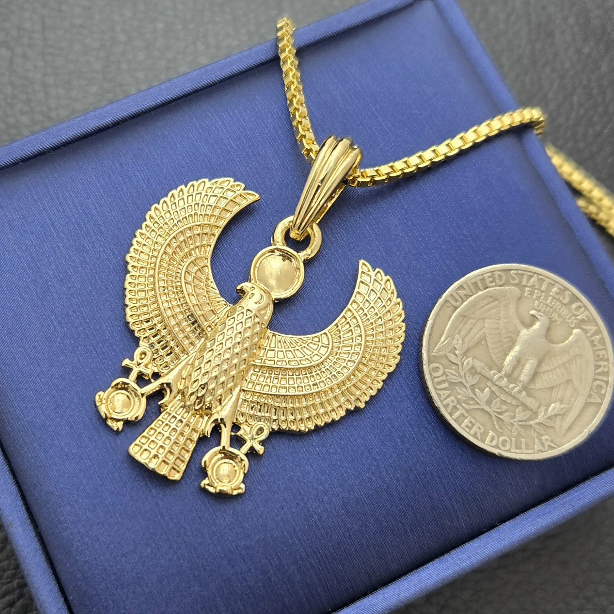MaxBling81 Egypt Horus Bird Gold-Plated Pendant Necklace - 18-20-24in Box Chain, Elegant Casual Historical Significance Jewelry for Women Unisex Daily Wear, Symbol of Power Protection Royalty