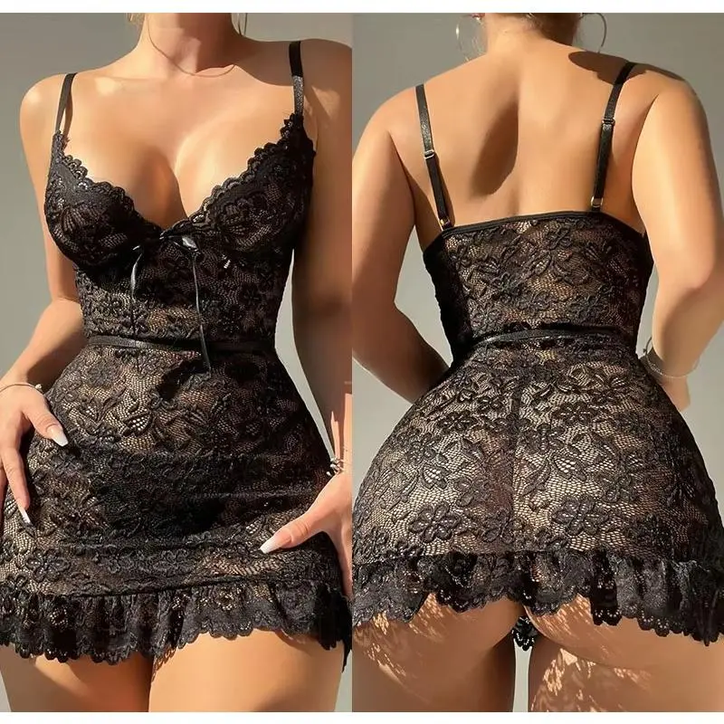 Women's 2-Piece Decorative Lace Lingerie Set - Sexy Floral Nightdress with Wireless Backless Open Bra, Crotchless Panty with Bow Accent, Multi-Size, No Padding