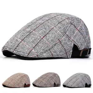 Men Retro Herringbone Grid Newsboy Caps British Painters Hats Side Buckle Adjustable Flat Cap Hip Hop Berets