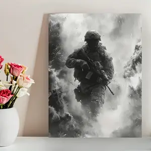 1Pc Military Soldier Combat Canvas Print - Black & White Army Ranger Wall Art Poster, Large Soldier Painting For, Office, For Man Cave - Waterproof Military-Themed Gift For Veterans & Military Enthusiasts, 2D Flat, Perfect For