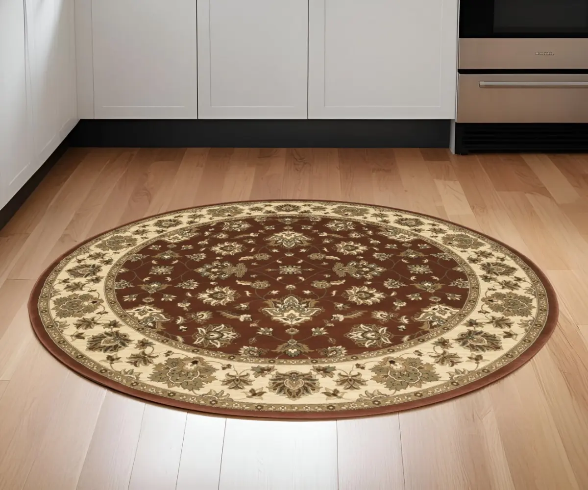 HomeRoots 6 ft. Power-Loom Floral Rug - Red & Ivory Botanical Circular Area Rug, Stain-Resistant, Fade-Resistant Durable Traditional Indoor Dining Decor