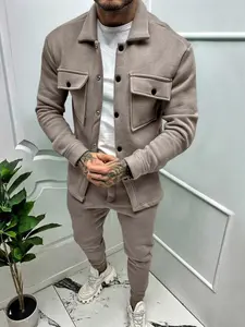 Men's Spring Fall Suede Velour Jacket and Pants Set, Lightweight Thin Lapel Jacket with Pocket Sleeves and Slim Fit Long Pants, Casual Business Elastic Fabric Two-Piece Suit