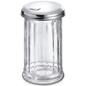 12 Oz Sugar Container for Coffee Bar, Glass Sugar Dispenser with Pour Spout and Stainless Steel Flip Lid, Durable Classic Style Jar for Kitchen or Cafe, Suitable for Cinnamon & Seasoning Storage