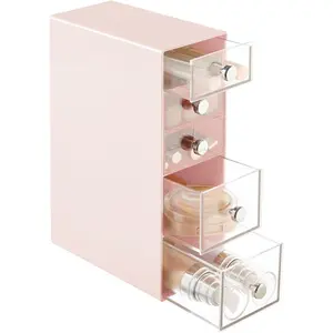 5-Drawer Organizer for Makeup Storage - 5-Tier Storage Organizer - Stackable Organization with Pull-Out Drawers for Bathroom, Vanity, or Desk - Light Pink/Clear Boxes