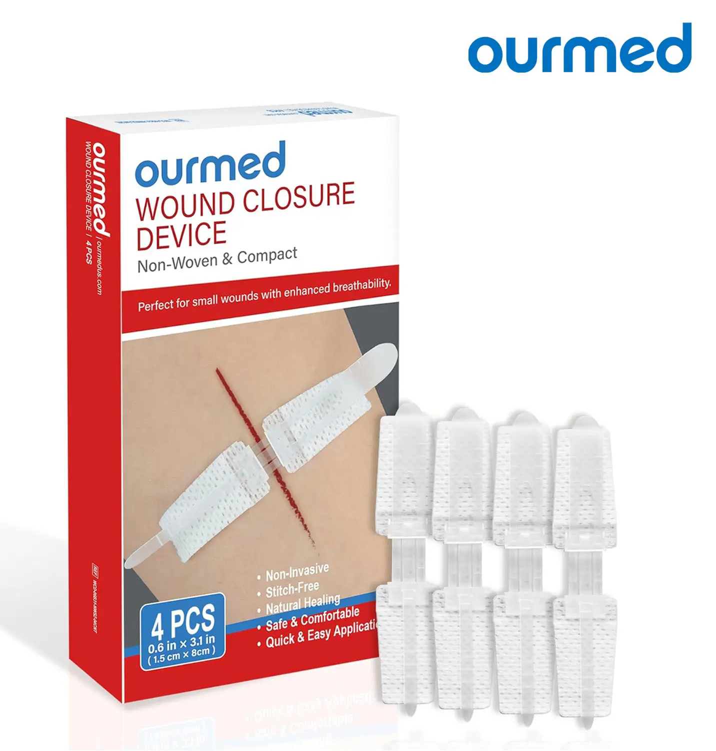 Ourmed Sterile Butterfly Bandage Wound Closure Kit - 0.6"x3.1" Glueless Lightweight Butterfly Tape, 4 Pieces Wound Care Supplies for Outdoor Emergency First Aid