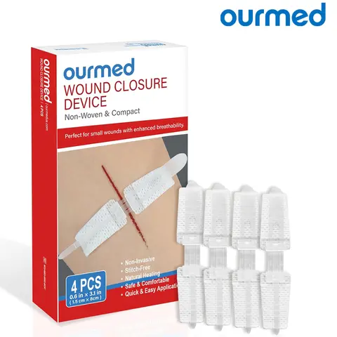 Ourmed Sterile Self Adhesive Bandage, Wound Closure Travel‑Light Kit, 0.6"x3.1", Glueless, Lightweight Butterfly Tape, 4‑Piece First Aid Supplies, Clean Edge Hold, Guided Alignment, for Home, Outdoor Emergencies