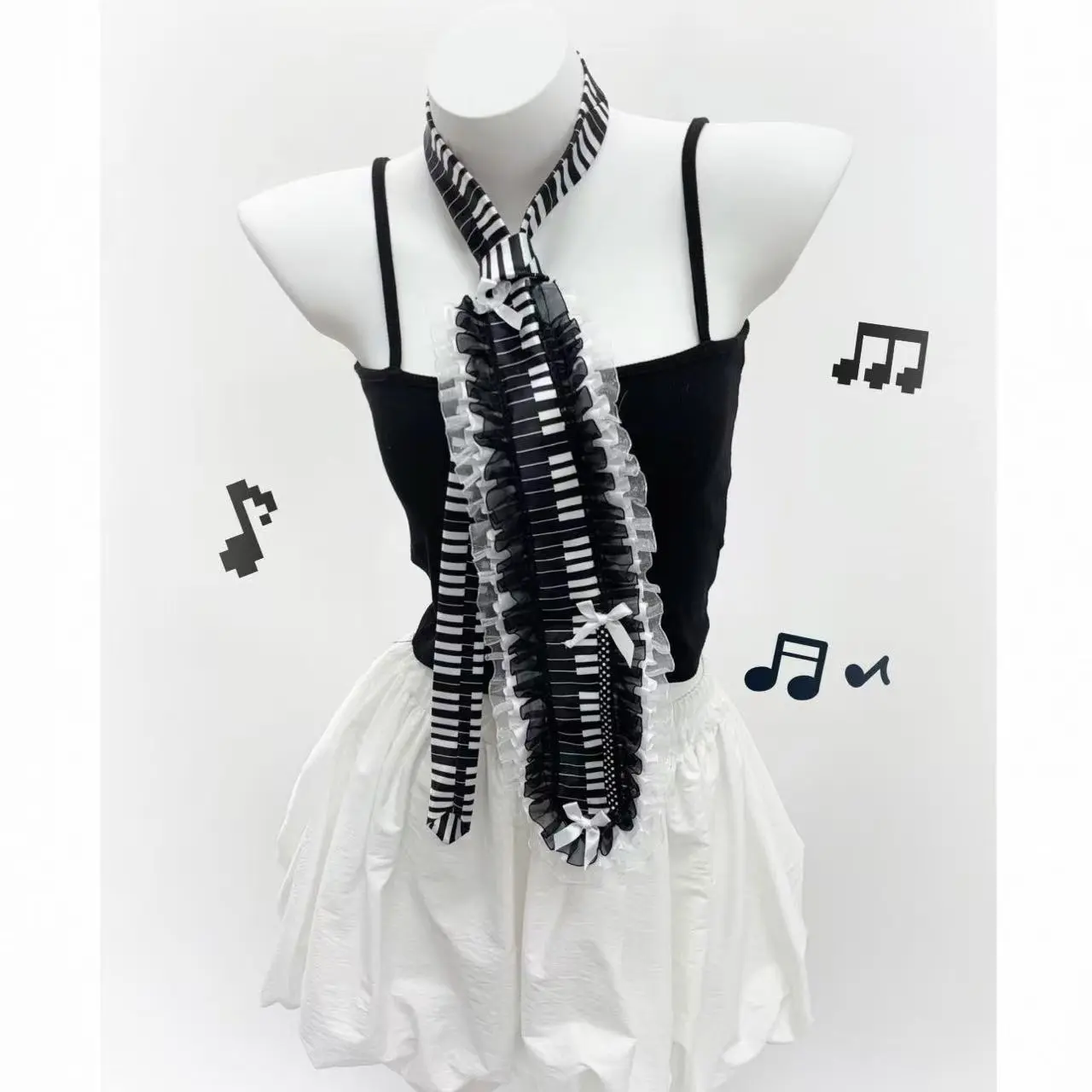 Music Theme Student Necktie with Piano Key and Note Pattern, 2-Color Black and White Unisex Wear, Two Colors
