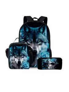 Wolf pattern printed 17-inch backpack three-piece set (single-layer backpack + shoulder strap lunch bag + single-layer pencil case)
