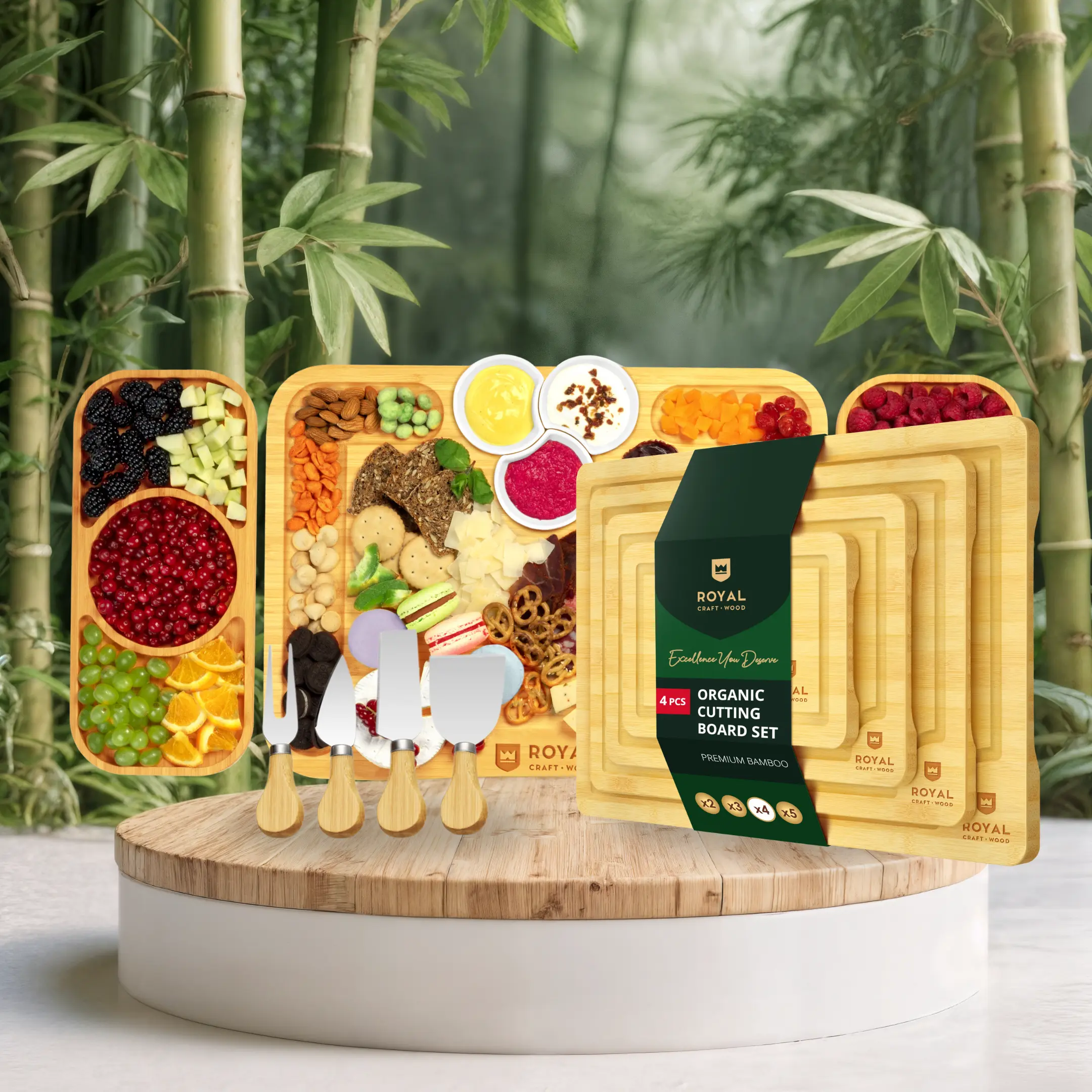 [27] Cheese Board with Side Trays & Cutting Board Set of 4